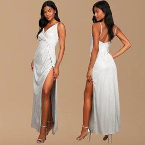 LULUS Keep Your Shine On Light Grey Metallic Faux-Wrap Maxi Dress - M‎